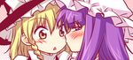  blonde_hair blush blush_stickers cheek_kiss hat kirisame_marisa kiss looking_away multiple_girls patchouli_knowledge purple_eyes purple_hair sato-pon touhou triangle_mouth yellow_eyes yuri 