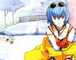  ayanami_rei blue_hair honda_takeshi neon_genesis_evangelion red_eyes short_hair solo sunglasses wallpaper 