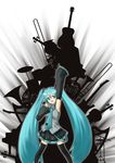  absurdres aqua_eyes aqua_hair armpits bad_id bad_pixiv_id hatsune_miku highres instrument kamina_pose lakuhito long_hair necktie pointing pointing_up solo thighhighs twintails very_long_hair vocaloid 