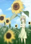  blue_eyes copyright_request day dress flower hug long_hair oversized_object pen_(pen3) smile solo sundress sunflower 