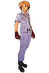 advance_wars advance_wars:_dual_strike belt black_eyes blonde_hair clenched_hands fingerless_gloves gloves headphones highres hirata_ryou john_(advance_wars) male_focus military military_uniform official_art open_clothes open_shirt shirt simple_background smile solo standing torn_clothes uniform 