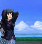  blush cloud copyright_request day green_eyes green_hair necktie river school_uniform sky solo taru_neko 