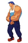  advance_wars advance_wars:_dual_strike belt black_eyes blue_hair boots frown full_body highres hirata_ryou male_focus max_(advance_wars) military military_uniform muscle official_art pectorals profile simple_background solo standing tank_top uniform wristband 