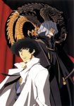  animal animal_on_shoulder artist_request bird bird_on_shoulder coat cowboy_bebop highres katana male_focus multiple_boys spike_spiegel sword vicious_(cowboy_bebop) weapon 