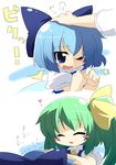  blue_hair blush bow cirno daiyousei green_hair heart long_hair multiple_girls oka_(bananashoe) petting ribbon short_hair touhou 