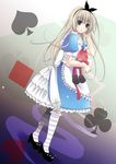  alice_(wonderland) alice_in_wonderland apron black_footwear blonde_hair blue_dress card_(medium) cheshire_cat dress hairband high_heels juliet_sleeves long_hair long_sleeves puffy_sleeves shoes socks striped striped_legwear stuffed_toy yukian 