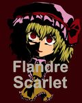 ascot blonde_hair character_name evil_smile flandre_scarlet frills niji_(nijioki) red_background red_eyes shaded_face short_hair simple_background smile solo touhou upper_body 