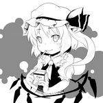  blush flandre_scarlet frills greyscale hat hat_ribbon holding looking_at_viewer mob_cap monochrome myonde puffy_short_sleeves puffy_sleeves ribbon short_sleeves simple_background smile solo touhou upper_body white_background wings 
