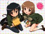  artist_request black_hair bread brown_eyes brown_hair food hair_ornament hairclip kneeling long_hair melon_bread multiple_girls obentou school_uniform shakugan_no_shana shana short_hair tako-san_wiener thighhighs wallpaper yoshida_kazumi 