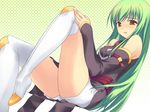  aoi_sora-maru bangs bare_shoulders blush boots c.c. code_geass detached_sleeves green_hair long_hair looking_at_viewer sitting solo thigh_boots thighhighs thighs undressing yellow_eyes 