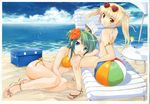  ball beach bikini blonde_hair book bracelet brown_eyes copyright_request day drink feet flower green_eyes green_hair hair_flower hair_ornament hibiscus highres jewelry multiple_girls ocean outdoors sand sandals side-tie_bikini striped striped_bikini sunglasses swimsuit tomozo_kaoru twintails water yellow_eyes 