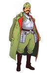  advance_wars advance_wars:_dual_strike armor beard belt bittmann black_eyes boots brown_hair facial_hair full_body garrison_cap hat highres hirata_ryou knee_boots male_focus military military_uniform mustache official_art open_clothes simple_background solo standing trench_coat uniform 