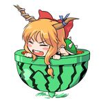  blush_stickers bowser food food_print fruit hair_ribbon horn_ribbon horns ibuki_suika koopa_clown_car long_hair low-tied_long_hair lowres mario_(series) myonde object_namesake orange_hair parody ribbon solo super_mario_bros. touhou upper_teeth watermelon watermelon_print 