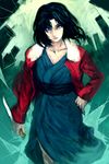  bad_id bad_pixiv_id black_hair building jacket japanese_clothes kara_no_kyoukai knife lack red_eyes red_jacket reverse_grip ryougi_shiki solo 