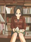  blush book brown_hair copyright_request glasses quzilax reading short_hair sitting smile solo 