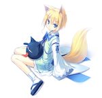 animal_ears blonde_hair blue_eyes fox_ears fox_tail kneeling kuroino_(poco) original poco_(asahi_age) shiratama_kitsune short_hair solo tabi tail 