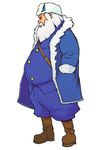  advance_wars advance_wars:_dual_strike beard black_eyes boots coat facial_hair full_body fur_hat fur_trim hand_in_pocket hat highres hirata_ryou male_focus military military_uniform official_art open_clothes plump profile simple_background solo standing strap uniform whip_(advance_wars) white_hair 