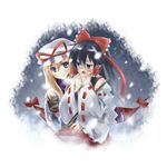  black_hair blonde_hair blush breath cup detached_sleeves gap gohei hakurei_reimu hand_to_own_mouth hug hug_from_behind kiji_(manekinuko-tei) long_hair multiple_girls purple_eyes smile snow tea touhou yakumo_yukari yuri 