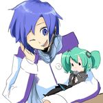  1girl aqua_hair baby bad_id bad_pixiv_id blue_hair chibi child hatsune_miku kaito kanenari lowres microphone vocaloid younger 