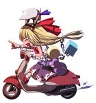  ^_^ blonde_hair chain closed_eyes cuffs full_body gourd ground_vehicle helmet horn_ribbon horns ibuki_suika long_hair motor_vehicle open_mouth pointing ribbon scooter shackles shoes sleeveless smile socks solo touhou tsukumo white_background 
