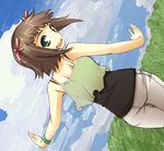 amami_haruka back brown_hair camisole cloud crop_top day denim from_behind green_eyes hair_ribbon idolmaster idolmaster_(classic) idolmaster_1 jeans looking_back outdoors outstretched_arms pants ribbon short_hair sky smile solo spread_arms takamura_kazuha 