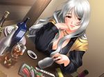  alcohol bottle breasts chopsticks cleavage drink drunk food game_cg jewelry large_breasts long_hair majodou marie_marigold necklace red_eyes sake sano_toshihide sashimi silver_hair smile solo soy_sauce sushi table tokkuri 