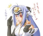  antenna_hair asymmetrical_clothes bare_shoulders blue_hair fingerless_gloves gloves headphones headpiece kasuga_yukihito kos-mos listening_to_music red_eyes solo translated xenosaga xenosaga_episode_i 