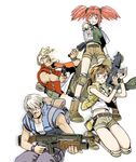  2girls belt blonde_hair boots brown_eyes brown_hair explosive fio_germi glasses green_eyes grenade grenade_launcher gun hair_over_one_eye handgun highres knee_pads kneeling machine_gun marco_rossi metal_slug midriff multiple_boys multiple_girls nadia_cassel navel official_art pink_hair senno_aki short_shorts shorts silver_hair snk stielhandgranate trevor_spacey twintails underbarrel_grenade_launcher vest weapon 