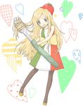  1st-mn :3 blonde_hair blue_eyes dress food_themed_clothes fork italy long_hair original oversized_object pantyhose pasta-chan solo tomato 