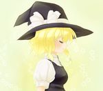  bangs black_hat black_vest blonde_hair bow braid closed_eyes closed_mouth eyebrows_visible_through_hair from_side hair_bow hair_ornament hat hat_bow hat_ribbon kirisame_marisa maroppe profile ribbon shirt smile solo star star_hair_ornament touhou upper_body vest white_bow white_ribbon white_shirt witch_hat 
