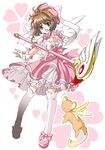  ahoge bow brown_hair cardcaptor_sakura dress fuuin_no_tsue gloves green_eyes hair_intakes hat kero kinomoto_sakura magical_girl mary_janes pink_bow pink_dress pink_hat puffy_sleeves ribbon shoes short_hair smile thighhighs white_gloves white_legwear wings yonesuke 