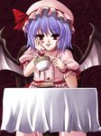  bat_wings blue_hair cake cup dress food hayami_kyuuen pastry remilia_scarlet solo teacup touhou wings 