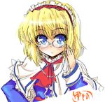  adjusting_eyewear alice_margatroid bespectacled blonde_hair blue_eyes glasses iseno_yajin signature sketch solo touhou 