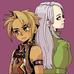  1girl back-to-back blush chris_lightfellow dramatica gensou_suikoden gensou_suikoden_iii hugo_(suikoden_iii) long_hair lowres oekaki purple_background purple_eyes silver_hair 