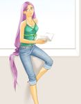  book casual denim fate/stay_night fate_(series) glasses jeans long_hair low-tied_long_hair non-web_source pants purple_eyes purple_hair rider very_long_hair 