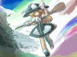  black_dress blonde_hair bow braid broom broom_riding brown_eyes dress dutch_angle hair_bow hat kirisame_marisa looking_at_viewer neki-t outdoors puffy_short_sleeves puffy_sleeves red_bow short_sleeves single_braid solo touhou witch_hat 