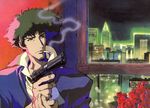  artist_request cigarette city cityscape cowboy_bebop flower gun handgun highres imi_jericho male_focus official_art pistol red_flower red_rose rose scan smoke smoking solo spike_spiegel trigger_discipline weapon window 