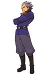  advance_wars advance_wars:_dual_strike belt black_eyes boots crossed_arms eagle_(advance_wars) full_body gloves goggles highres hirata_ryou knee_boots male_focus military military_uniform official_art silver_hair simple_background smile solo spiked_hair standing uniform 