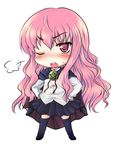  blush cape chibi hands_on_hips long_hair louise_francoise_le_blanc_de_la_valliere no_nose one_eye_closed pentacle pink_eyes pink_hair skirt solo thighhighs white_background yuki_mashiro zero_no_tsukaima 