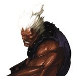  capcom dark_persona dark_skin dark_skinned_male gouki highres male_focus muscle nona official_art red_eyes shin_gouki solo street_fighter svc_chaos teeth topknot upper_body white_hair 