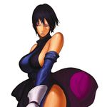  bare_shoulders black_hair breasts detached_sleeves elbow_gloves gloves halter_top halterneck heterochromia highres large_breasts nona samurai_spirits shiki_(samurai_spirits) short_hair side_slit sideboob snk solo svc_chaos upper_body 