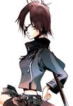  artist_request belt blue_skirt brown_hair buckle buttons chrome_dokuro cowboy_shot double-breasted eyepatch katekyo_hitman_reborn! long_sleeves looking_at_viewer short_hair simple_background skirt solo white_background 