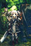  armor blue_eyes copyright_request fantasy forest highres hitomaru monster multiple_girls nature pointy_ears red_eyes red_hair riding short_hair silver_hair sword weapon 