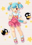  bag blue_hair blush child doki_doki_majo_shinpan gyaku_panda hair_ribbon handbag happy inou_shin one_eye_closed open_mouth red_eyes ribbon school_uniform serafuku shoes short_twintails skirt sneakers solo star twintails 