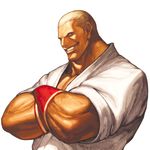  blonde_hair crossed_arms dougi fatal_fury geese_howard grin highres male_focus muscle nona official_art smile snk solo svc_chaos the_king_of_fighters upper_body 