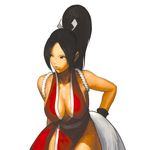  bangs bare_shoulders black_hair breasts cleavage fatal_fury highres large_breasts ninja nona official_art pelvic_curtain ponytail shiranui_mai snk solo svc_chaos the_king_of_fighters upper_body 
