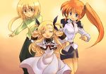  2girls belt blonde_hair closed_eyes family glasses green_eyes happy kouno_hikaru long_hair lyrical_nanoha mahou_shoujo_lyrical_nanoha_strikers military military_uniform multiple_girls open_mouth ponytail purple_eyes red_hair school_uniform side_ponytail takamachi_nanoha tsab_air_military_uniform uniform vivio yuuno_scrya 