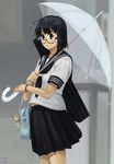  ahoge bag black_eyes black_hair blush glasses original pleated_skirt rain school_bag school_uniform semi-rimless_eyewear serafuku short_hair skirt solo taru_neko transparent transparent_umbrella umbrella under-rim_eyewear 