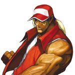 baseball_cap blonde_hair blue_eyes fatal_fury fingerless_gloves gloves hat hat_over_one_eye highres male_focus muscle nona official_art ponytail sleeveless snk solo svc_chaos terry_bogard the_king_of_fighters vest 