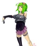  ahoge arantheus arm_behind_back bare_shoulders black_legwear choker cosplay goggles goggles_on_head green_eyes green_hair gumi highres ia_(vocaloid) ia_(vocaloid)_(cosplay) miniskirt pleated_skirt short_hair single_thighhigh skirt smile solo thigh_strap thighhighs vocaloid 